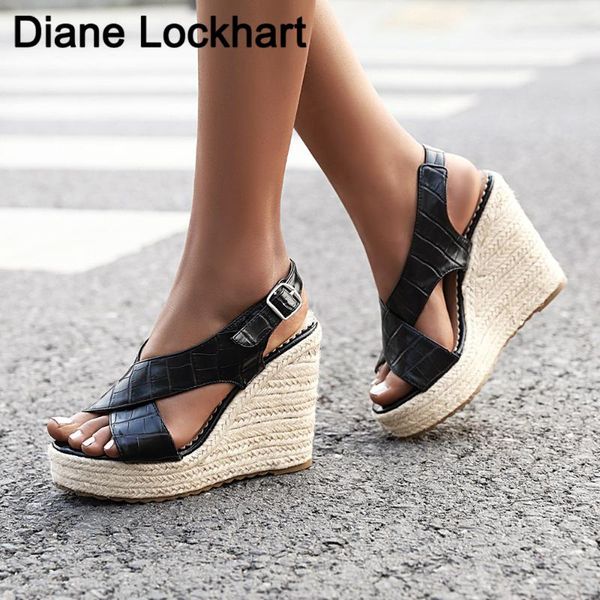 

отдых клинья женщин обувь 2020 летняя обувь женщин сандалии платформы sandalias mujer рельефный leatherhigh пятки вскользь, Black