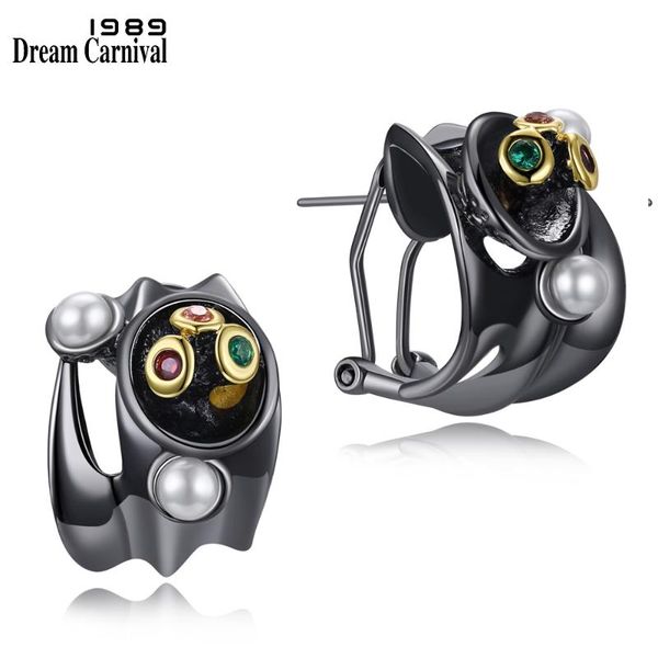 

dreamcarnival 1989 disco mix colors cz synthetic white pearl stud earrings for women black gold color gothic jewelry we3785, Golden;silver