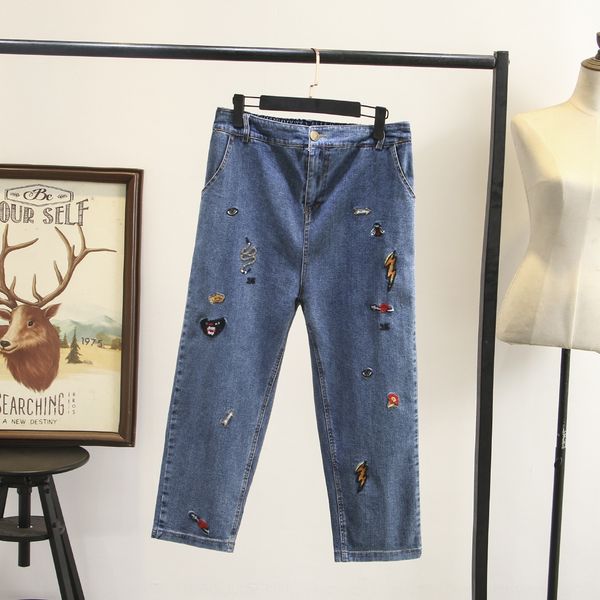 

raeym осень новый корейский стиль 200кг жира м. похудения битнику вышитые джинсовые шаровары плюс размер женской одежды вышивка вышивка 5, Blue