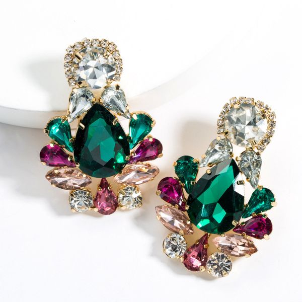 

exaggerated mixed color glass diamond tassel earrings bohemian style, Golden