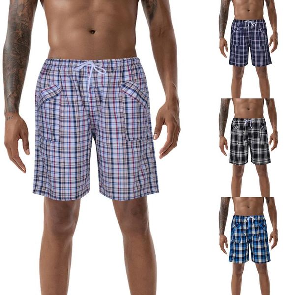 

puimentiua summer men beach shorts plaid printed shorts casual elastic waist mens clothing homewear, White;black