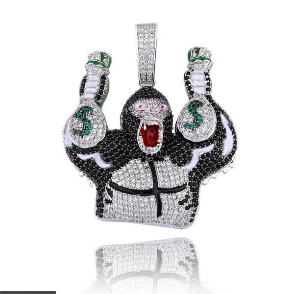 

jinao new fashion chimpanzee with dollar purse necklace & pendant hip hop jewelry with tennis chain iced out cubic zircon, Silver