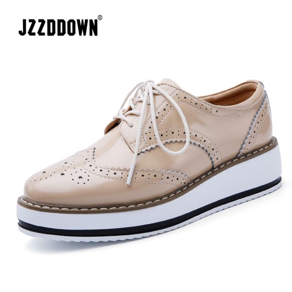 

jzzddown genuine leather luxury shoes woman platform lace up oxford female shoes loafer pig suede ladies with heels 4.5 cm, Black
