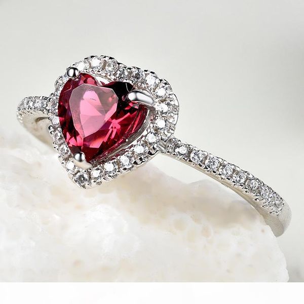 

925 ювелирные изделия простой серебряное кольцо 1 карат имитация бриллиантовое кольцо любовь красный корунд кольцо hot, Golden;silver