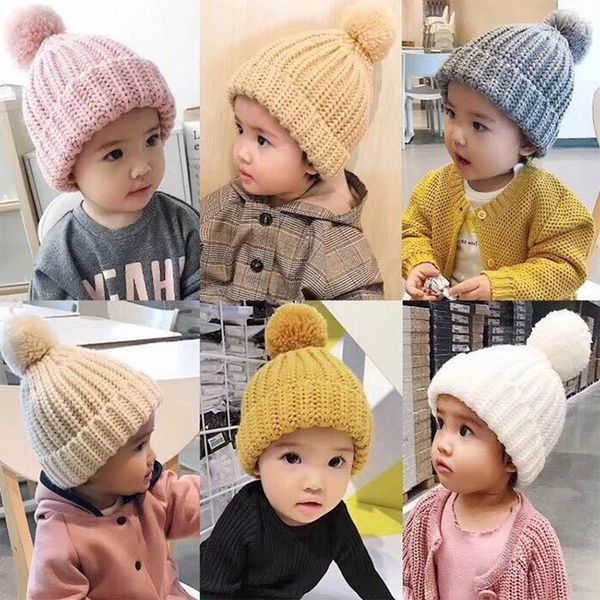 

1 new baby candy knitted male and female baby ball knitted hat thickened warm cute candy solid color wool hat, Blue;gray