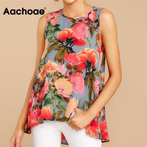 

aachoae women blouses 2020 summer boho floral printed blouse sleeveless party woman o neck loose blouse shirt camisas, White