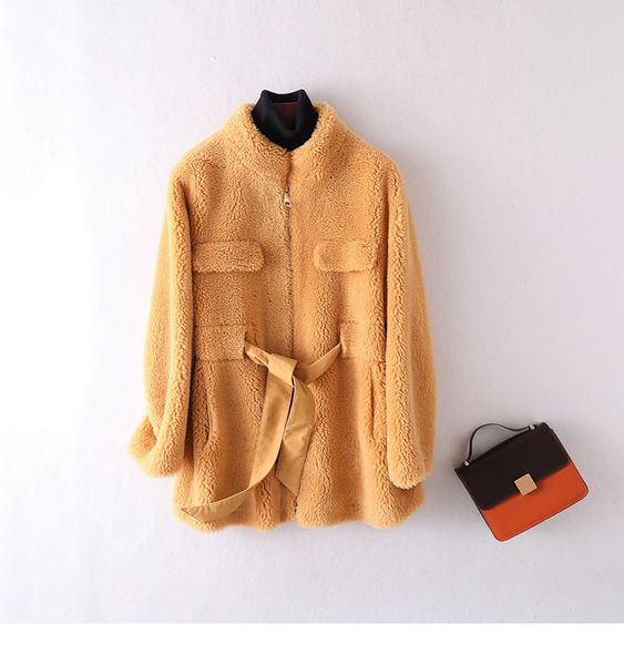 

new fashion winter women mandarin collar plus size jacket with belt womens and blouses sheep fur coat wool blends, Black