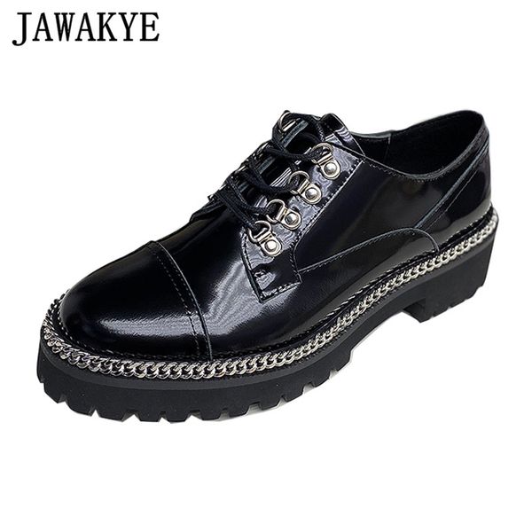 

fashion metal chain thick sole black women shoes genuine leather lace up retro flat shoes round toe brand british style loafers