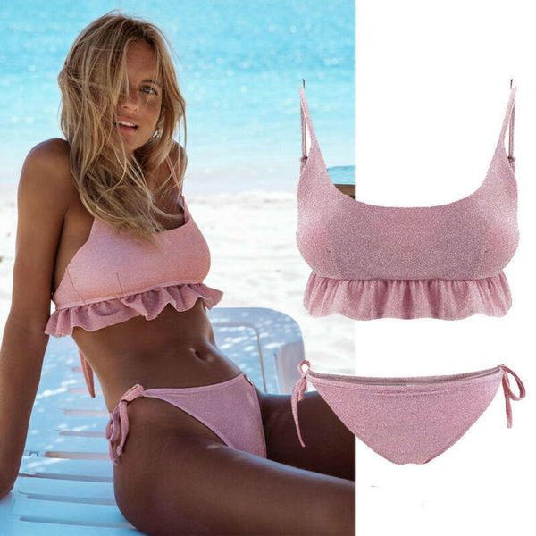 

женщины push up бикини set 2020 summer бюстгальтер проложенного swimwear сборка бинты lady купальник solid pink beach купального костюма, White;black