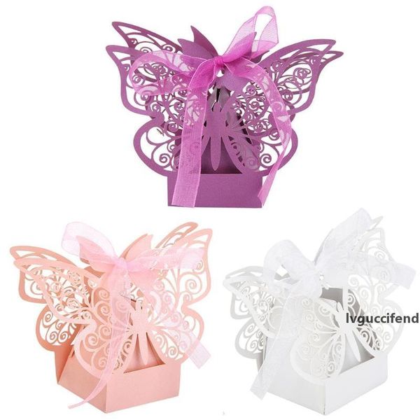 

10pcs butterfly laser cut hollow candy box with ribbon wedding favors decor