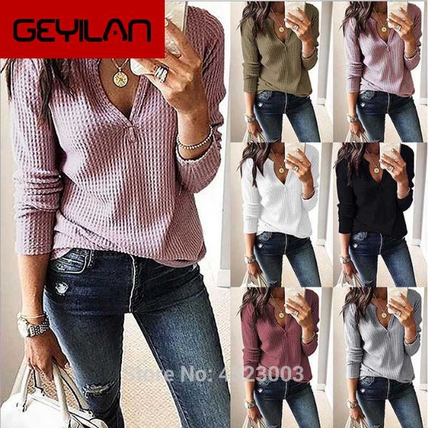 

womens v neck t shirts solid long sleeve waffle knit loose top, White
