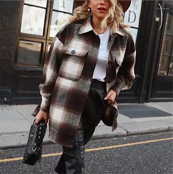 

female streetwear oversize long sleeve jackets vintage womens woolen coats winter fashion ladies thick plaid coat, Black;brown