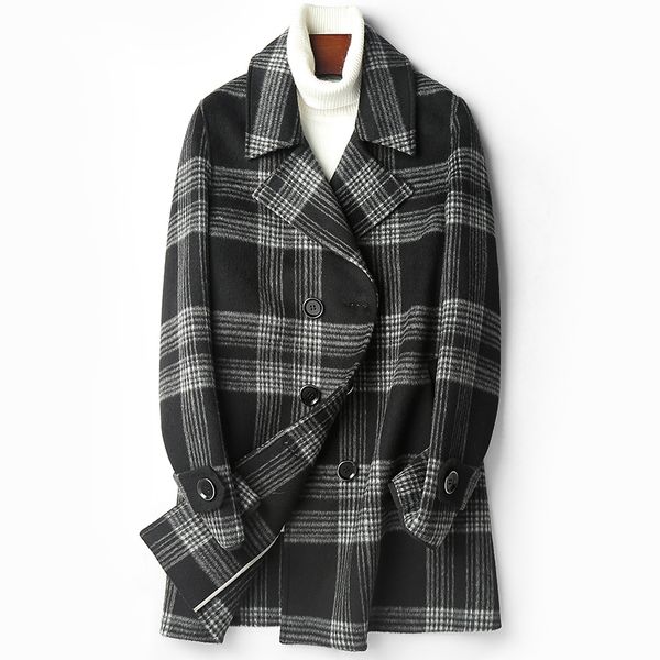

men's wool & blends double faced coat men autumn winter warm jacket plaid overcoats abrigo hombre d-04-1959 mf637, Black