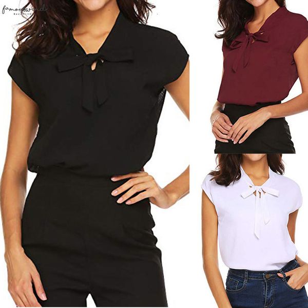 

summer womens and blouses 2020 short sleeve casual office work chiffon v neck blouse shirts womens blouse casual new, White