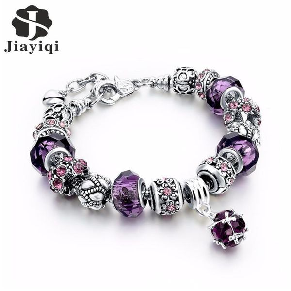 

jiayiqi 2020 trendy purple color rhinestone diy beads round shape charm bracelets for women jewelry lobster clasp type, Golden;silver