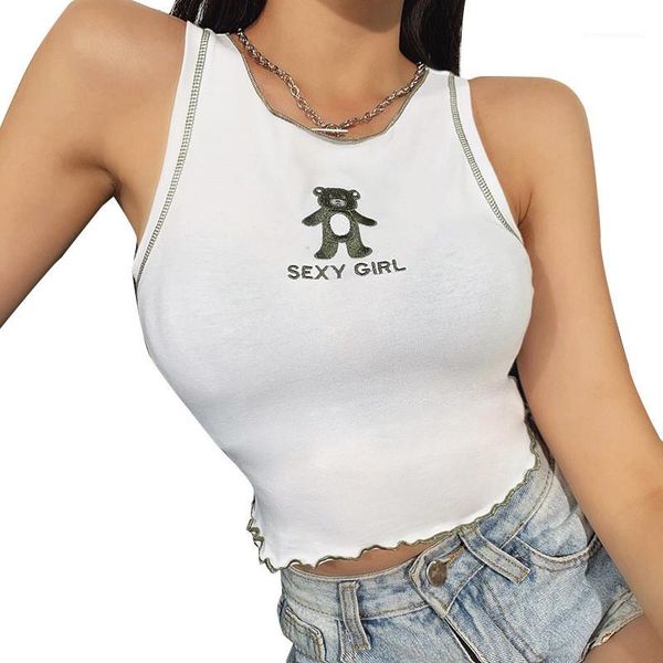 

u-neck camis summer womens camis skinny crop fashion bear letter panelled camis natural color, White