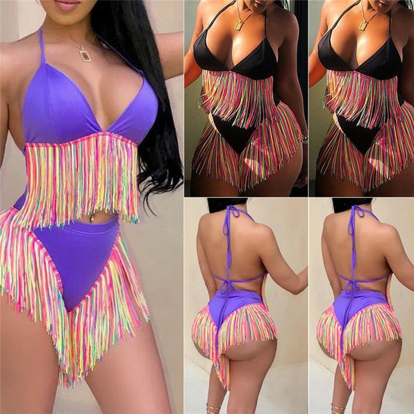

bikinis women swimwear high waist swimsuit spaghetti strap tassel fringed two piece suits bathing suit plus size swimwear, White;black