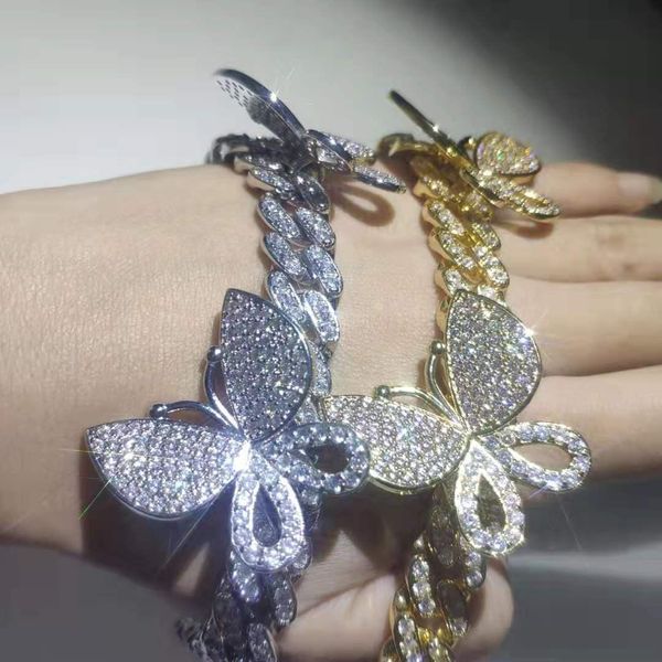 

hip hop micro paved cubic zirconia bling ice out butterfly cuban curb chain bracelets 7inch 8inch rapper jewelry, Golden;silver