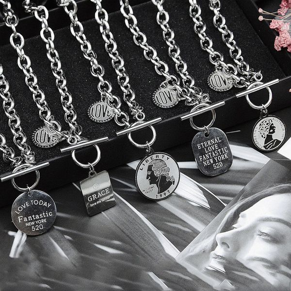 

2020 long mens hip hop stainless steel chain punk necklaces female clavicle chain metal coins letter words link necklace, Silver