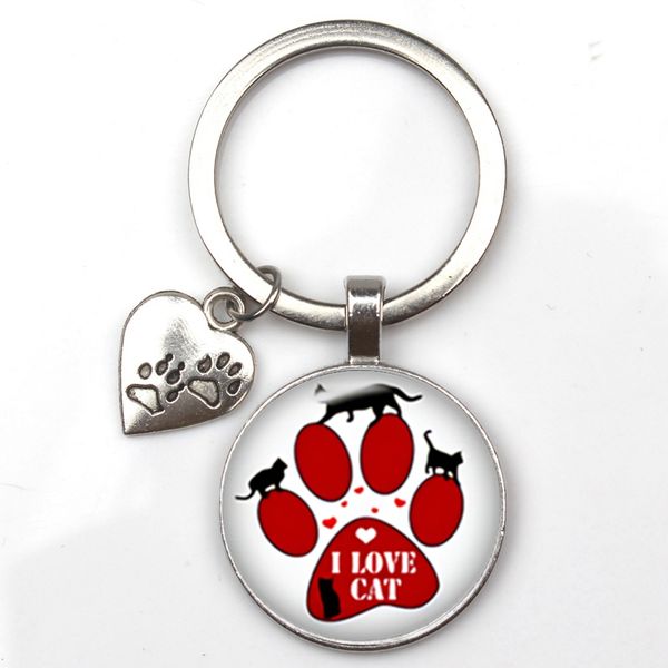 

creative fashion cute animal print keychain cat dog i love glass pendant mini heart key ring car key man girl gift souvenir, Silver
