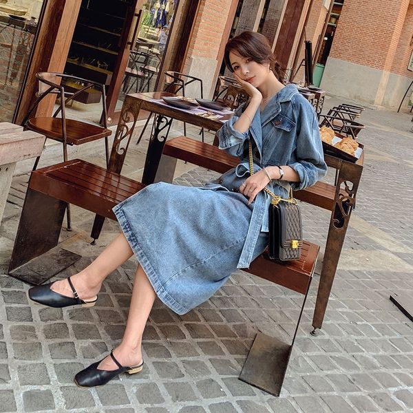 

rtehb 2020 spring new korean style waist jacket hong kong-style double-breasted trench coat women's denim jacket denim straight mid-len, Tan;black