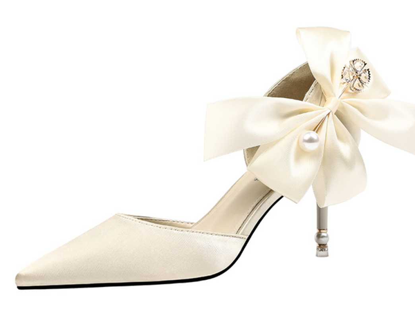 

women sandals satin high-heeled shoes bow white pearl peep-toe sandal middle high heels advanced wedding shoes, Black
