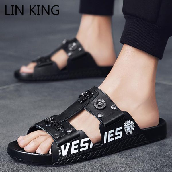 

lin king new summer men's slippers comfortable soft sole summer slides breathable plus size male beach shoes flip flops for male, Black