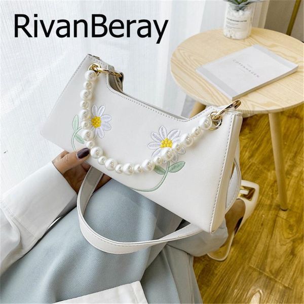 

chinese style embroidery shoulder bags for women 2020 summer pearl beading handle baguette bag pu leather purse and handbags sac