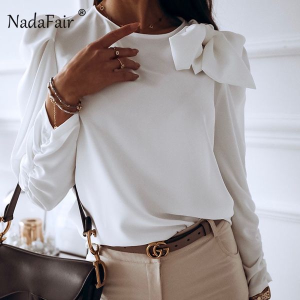 

nadafair лук женщины белый блуза мода 2020 весна длинные рукава шифон рубашка элегантный фиолетовый puff топы и блузки женщины, White