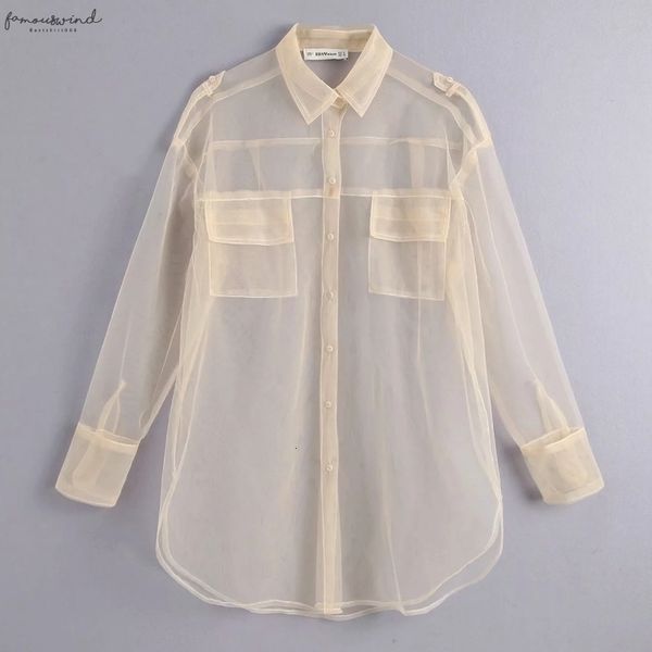 

new women pocket decoration transparent mesh blouse long sleeve smock leisure long sleeve sunscreen chemise blusas ls3964, White