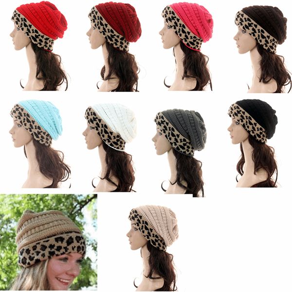 11color Leopard malha Chapéus Mulheres Winter Leopard retalhos de malha Gorros Chapéu Morno Crânio Crochet Caps Unisex chapéus de festa GGA3604-1