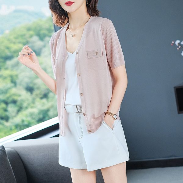 

2020 short coat sweater sleeve ice linen knitted cardigan spring new loose fashion all-match women's thin sweater coat, White