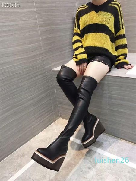 

thick-soled skinny boots female round toe stretch over the knee boots autumn winter new super high-heeled wedge heel stovepipe l26, Black