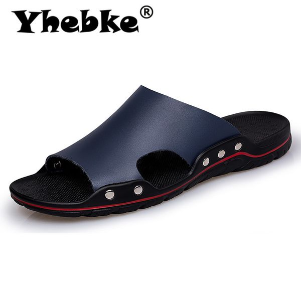 

new summer men slippers genuine leather comfortable flops slippers non slip outdoor breathable sandals men big size, Black