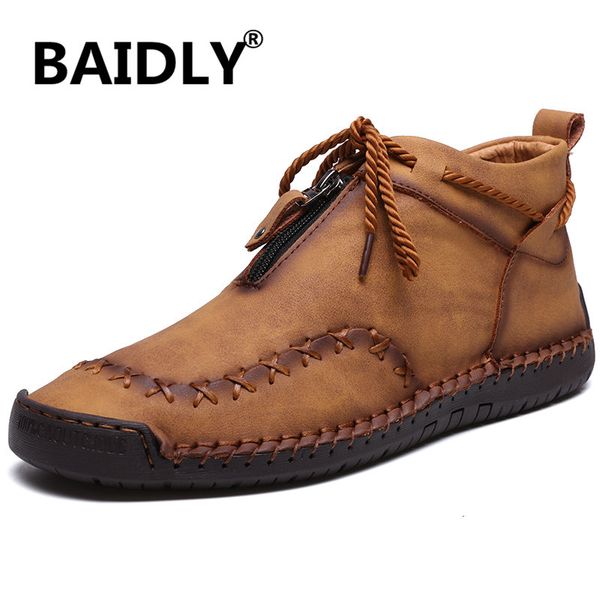 

new men boots fashion split leather men ankle boots genuine leather shoes outdoor non-slip high casual flat, Black