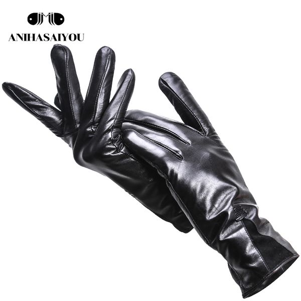 

high-end imported sheepskin genuine leather women' gloves black soft women' leather gloves keep warm winter gloves-108, Blue;gray