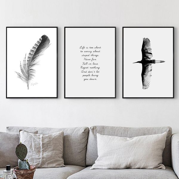 

feather print nordic poster butterfly picture wall art poster vintage bird black and white canvas painting living room decor