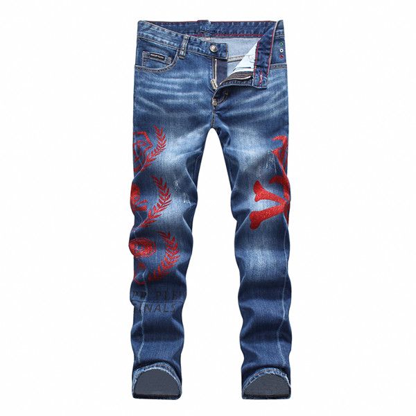 

2019 new men's denim printed graphic fashion tight straight trousers master designed motorcycle pants, Blue