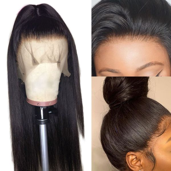 

straight remy hair 360 lace frontal wigs natural color 12-24 inch pre-plucked baby hair malaysian human hair wigs, Black