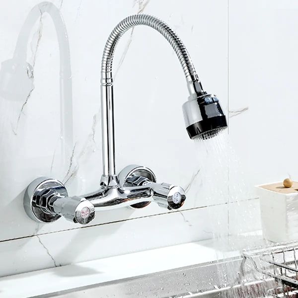 

wall mount brass mixer tap faucet kitchen sink basin flexible spout dual handle faucet