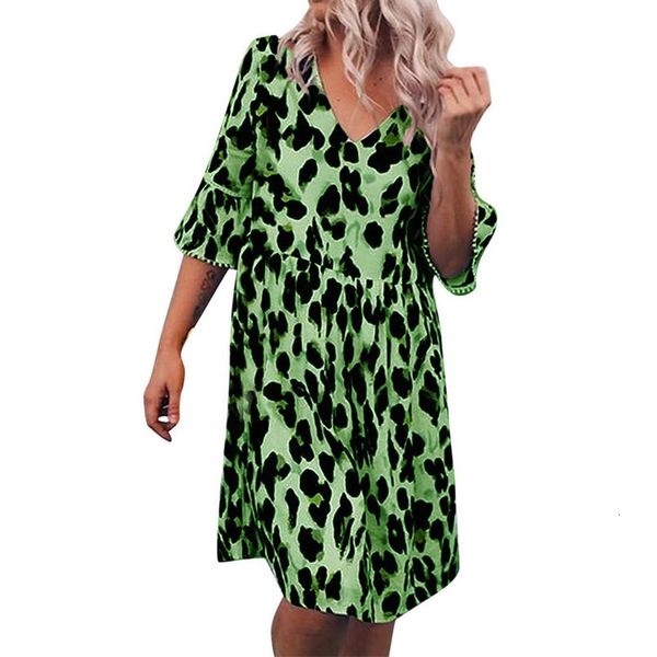 

ladies large size v neck leopard print sleeves dress summer casual fashion loose outdoor party vacation beach dresses plus size, Black;gray