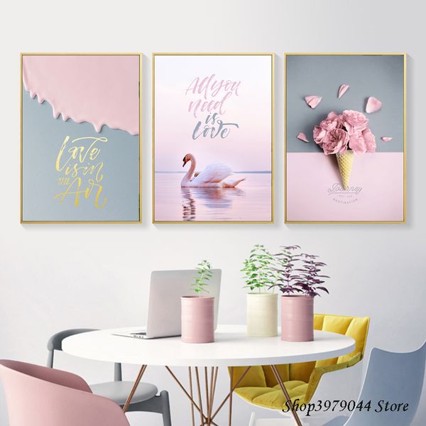 

all you need is love swan painting pink rose flower posters and prints abstract art poster modern wall pictures bedroom decor