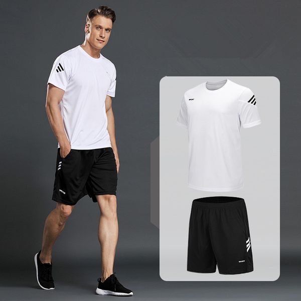 

2pcs set men sportswear t-shirts running suits casual shirts+sports shorts fitness gym jogging suits sportsman wear quick dry, Black;blue