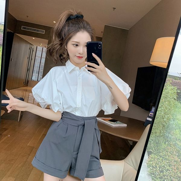 

lnypj хепберн света зрелых shirtshorts белой рубашки стиль костюм лето новый пузырь рукав белой рубашка дизайн широких ноги шорты двухсекцио, Gray