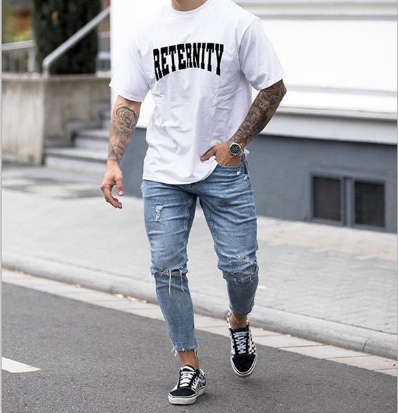 

ripped blue denim cropped trousers new men's pants knee hole zipper casual pants sweatpants outdoor men fashion trousers, Black