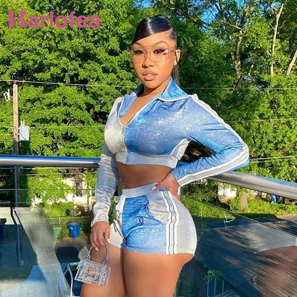 

karlofea женщины моды обрезается куртки шорты 2 шт matching костюм для женщин вскользь street wear нарядах искорка tracksuit наборы, White