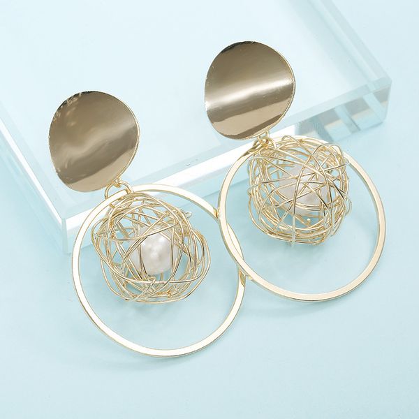

2020 new earings temperament metal ring hollow golden silk pearl pendant earrings female personality exaggeration chao ren net, Silver