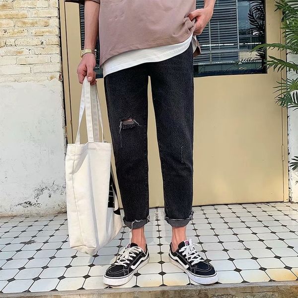 

uhkpk chic drop-like wide-leg men's loose sraigh nine-poin and jeans pendan jeans handsome t korean style fashion internet celebrity ho, Blue