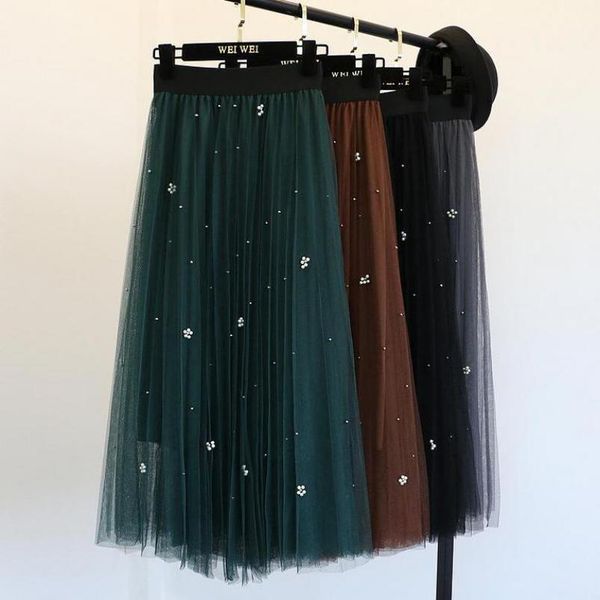 

2020 summer new style temperament self cultivation of pearl gauze elastic high waist skirt tulle skirt ing, Black