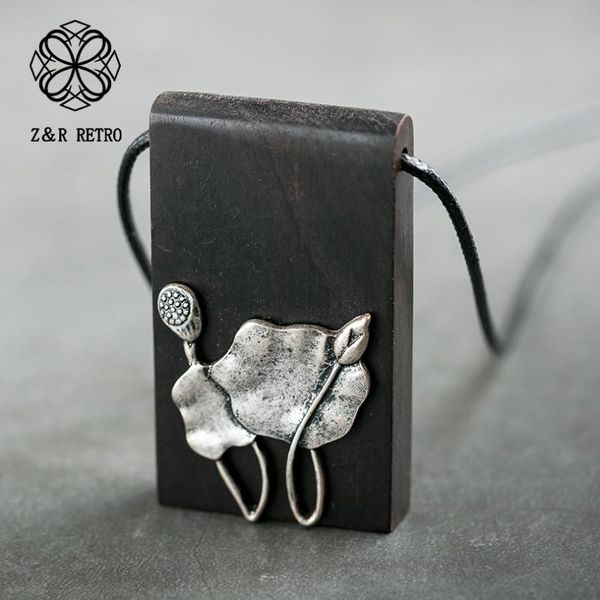 

mosaic lotus necklace wood pendant&necklaces for female handmade fashion vintage pendant sweater rope chain jewelry, Silver